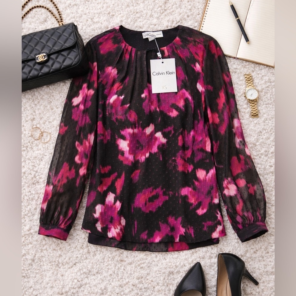 Calvin Klein Pleated Size XS Neck Floral Print Sheer Sleeves Blouse NWT Top